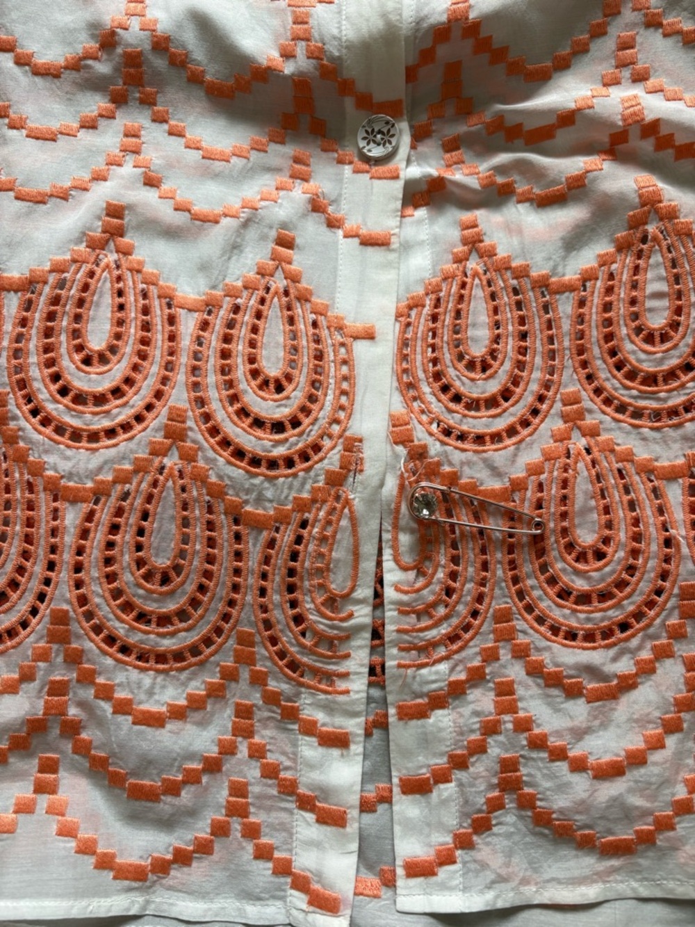 Women's Silk  White Blouse with Orange Embroidered Pattern - Picture 9 of 11